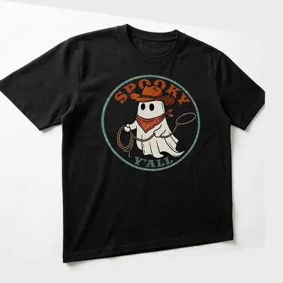 Cartoon cowboy ghost with lasso and spooky text in vibrant colors — printed on a unisex t-shirt (angled view)