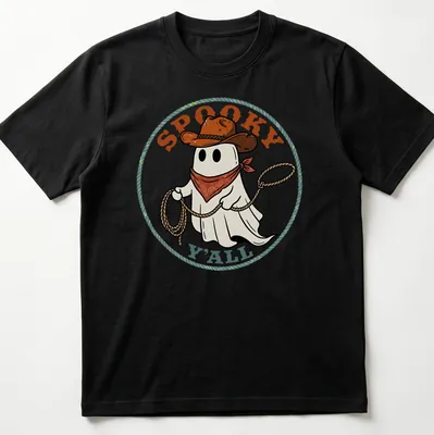 Cartoon cowboy ghost with lasso and spooky text in vibrant colors