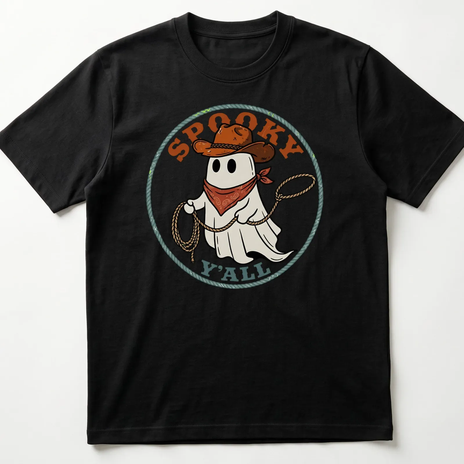Cartoon cowboy ghost with lasso and spooky text in vibrant colors — printed on a unisex t-shirt