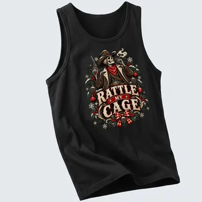 Vintage western cowboy skeleton with text Rattle My Cage in red and black — printed on a tank top