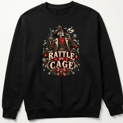 Vintage western cowboy skeleton with text Rattle My Cage in red and black — printed on a unisex sweatshirt