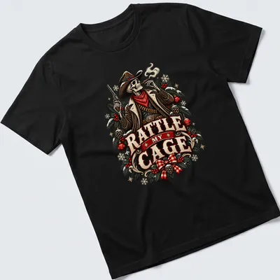 Vintage western cowboy skeleton with text Rattle My Cage in red and black