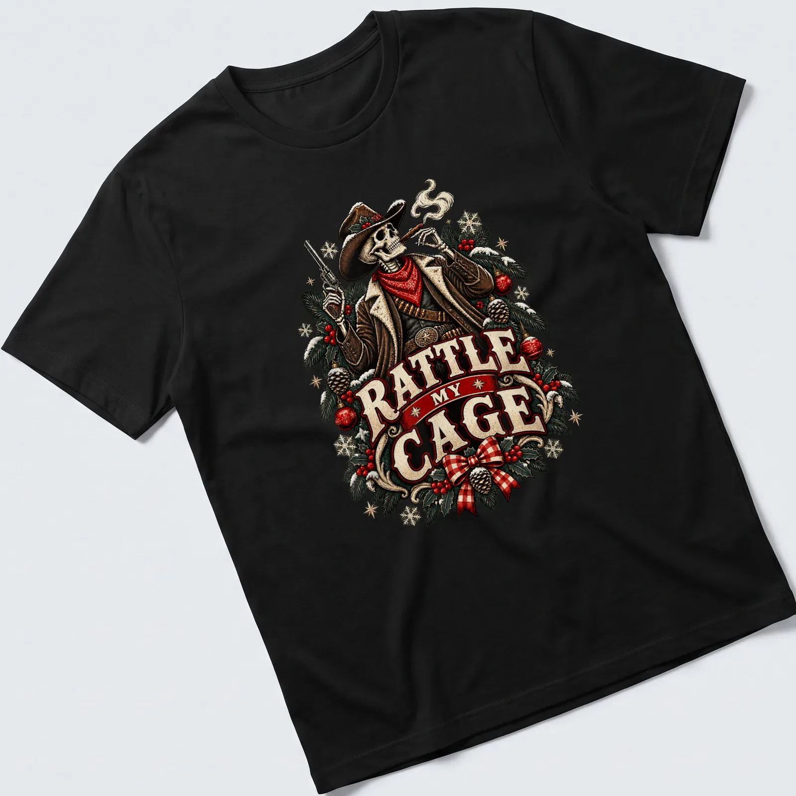 Vintage western cowboy skeleton with text Rattle My Cage in red and black — printed on a unisex t-shirt