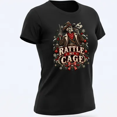 Vintage western cowboy skeleton with text Rattle My Cage in red and black — printed on a women's shirt