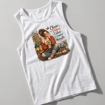 Vintage illustration of a cozy autumn woman with a cat and uplifting text — printed on a tank top
