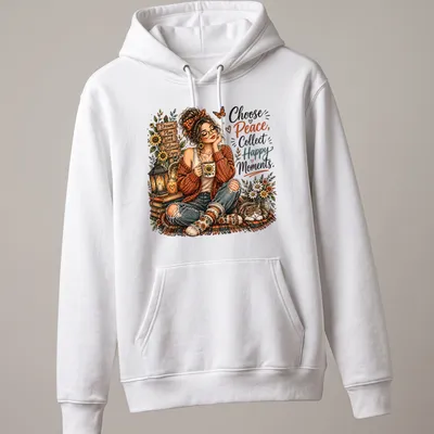 Vintage illustration of a cozy autumn woman with a cat and uplifting text — printed on a unisex hoodie