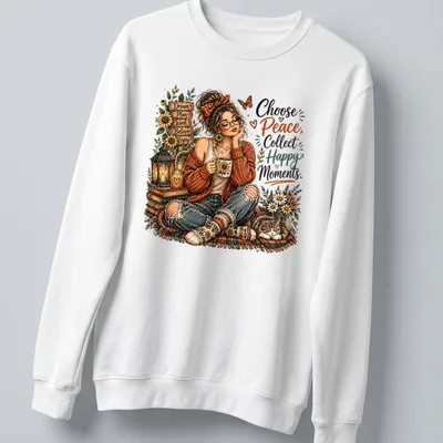 Vintage illustration of a cozy autumn woman with a cat and uplifting text — printed on a unisex sweatshirt