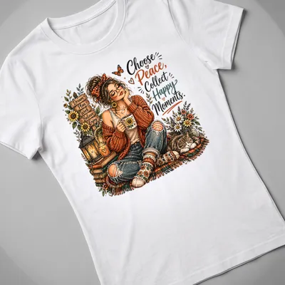 Vintage illustration of a cozy autumn woman with a cat and uplifting text — printed on a women's shirt