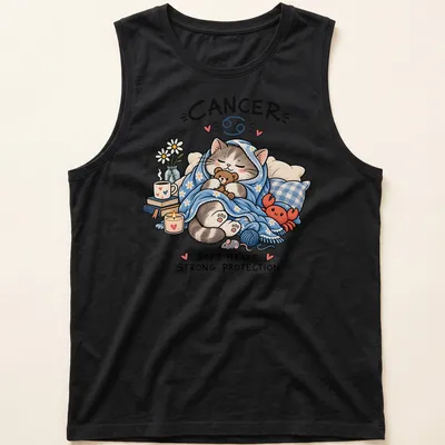 Kawaii illustration of a cozy cat with a heartwarming message about Cancer traits — printed on a tank top