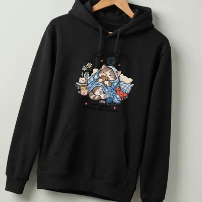 Kawaii illustration of a cozy cat with a heartwarming message about Cancer traits — printed on a unisex hoodie