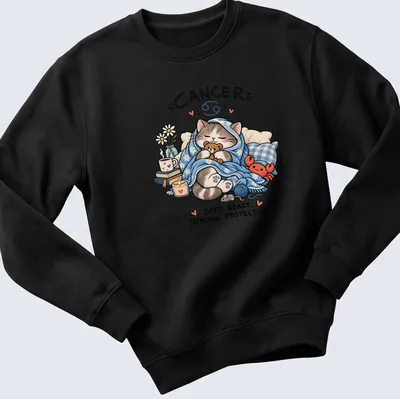 Kawaii illustration of a cozy cat with a heartwarming message about Cancer traits — printed on a unisex sweatshirt