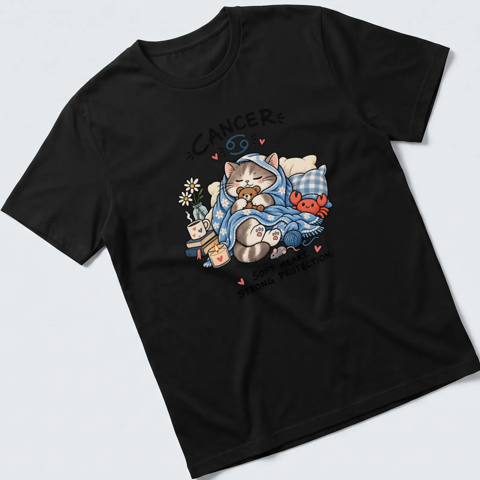 Kawaii illustration of a cozy cat with a heartwarming message about Cancer traits — printed on a unisex t-shirt