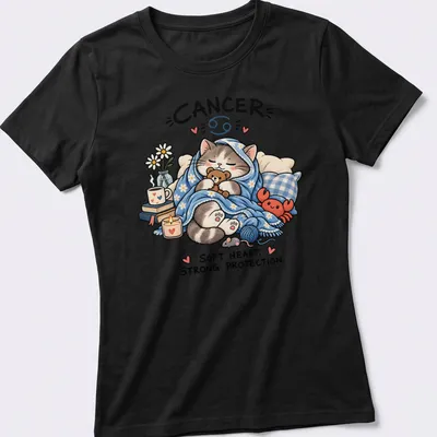 Kawaii illustration of a cozy cat with a heartwarming message about Cancer traits — printed on a women's shirt