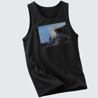 Realistic print of crashing waves against a rocky shore in blue and brown tones — printed on a tank top