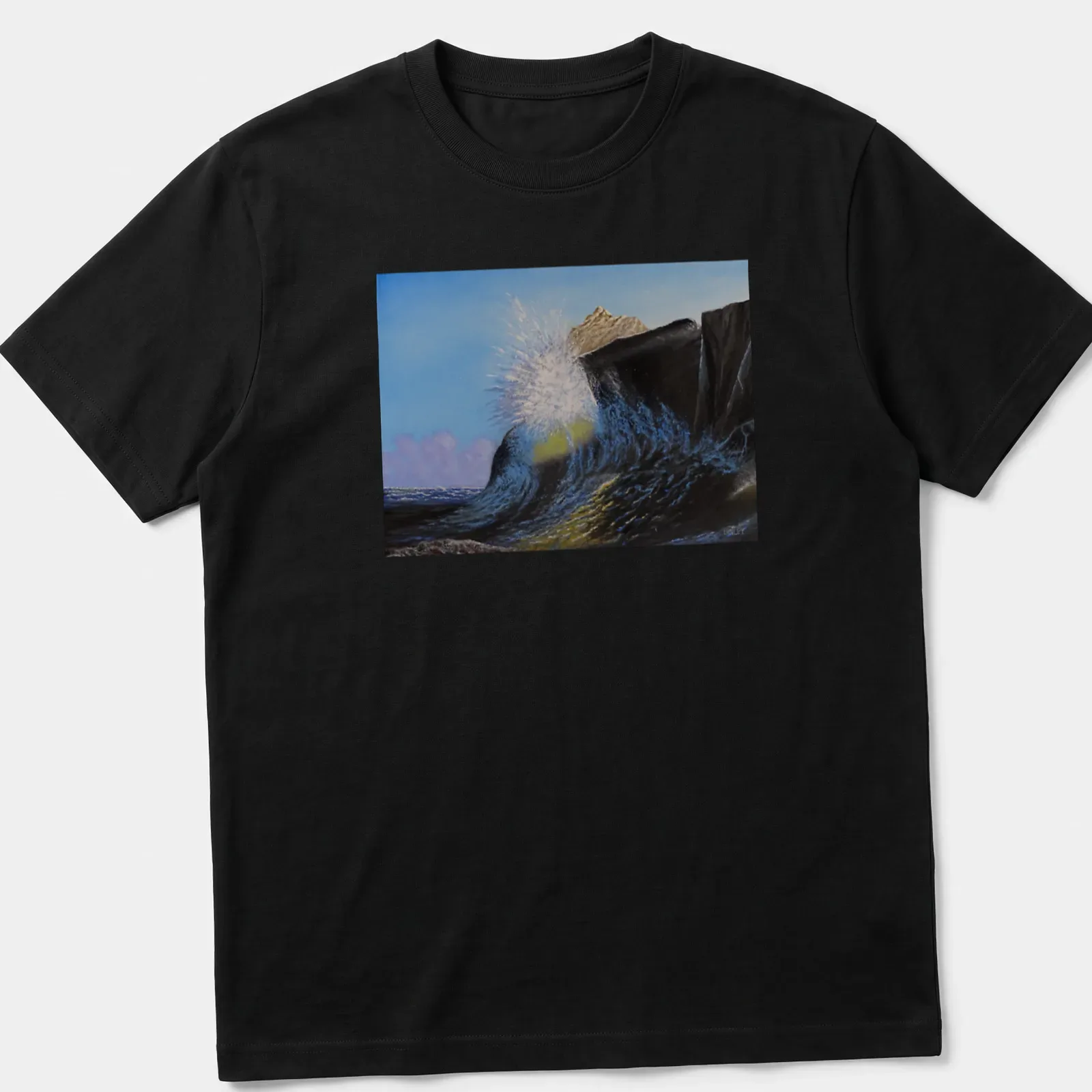 Realistic print of crashing waves against a rocky shore in blue and brown tones — printed on a unisex t-shirt