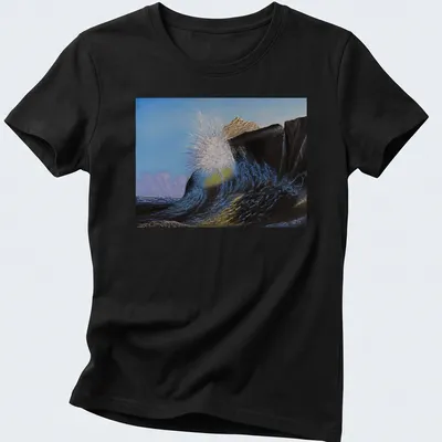 Realistic print of crashing waves against a rocky shore in blue and brown tones — printed on a women's shirt