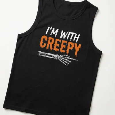 Orange and white design featuring a skeleton with the text I'm With Creepy — printed on a tank top