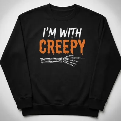 Orange and white design featuring a skeleton with the text I'm With Creepy — printed on a unisex sweatshirt