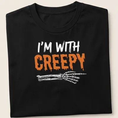 Orange and white design featuring a skeleton with the text I'm With Creepy