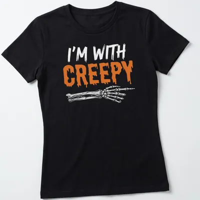 Orange and white design featuring a skeleton with the text I'm With Creepy — printed on a women's shirt
