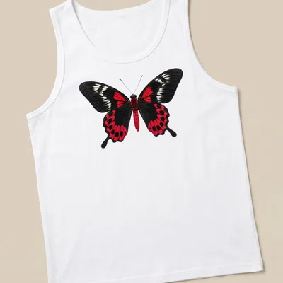 Realistic print of a Crimson Rose Butterfly on a black background with red and white details. — printed on a tank top