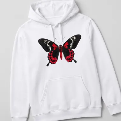 Realistic print of a Crimson Rose Butterfly on a black background with red and white details. — printed on a unisex hoodie