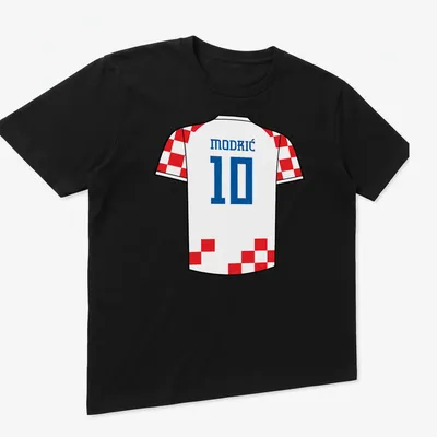 Croatia football kit t-shirt with MODRIĆ 10 in white, red, and blue typography — printed on a unisex t-shirt (angled view)