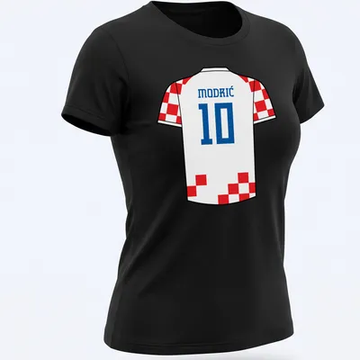 Croatia football kit t-shirt with MODRIĆ 10 in white, red, and blue typography — printed on a women's shirt