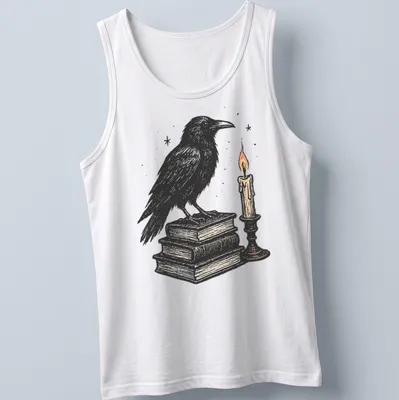 Vintage illustration of a crow on books next to a candle, in black, white, orange, and brown — printed on a tank top