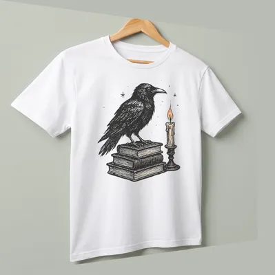 Vintage illustration of a crow on books next to a candle, in black, white, orange, and brown — printed on a unisex t-shirt (angled view)