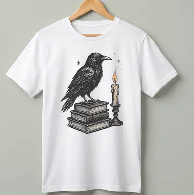 Vintage illustration of a crow on books next to a candle, in black, white, orange, and brown