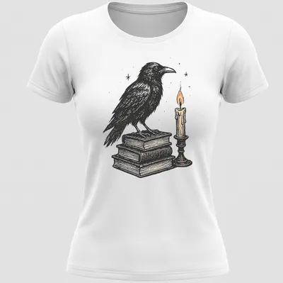 Vintage illustration of a crow on books next to a candle, in black, white, orange, and brown — printed on a women's shirt