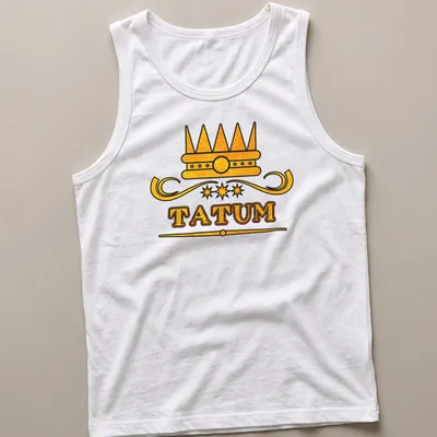 Bold typography with the name Tatum and a crown above it in gold and black. — printed on a tank top