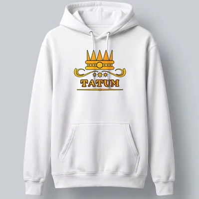 Bold typography with the name Tatum and a crown above it in gold and black. — printed on a unisex hoodie