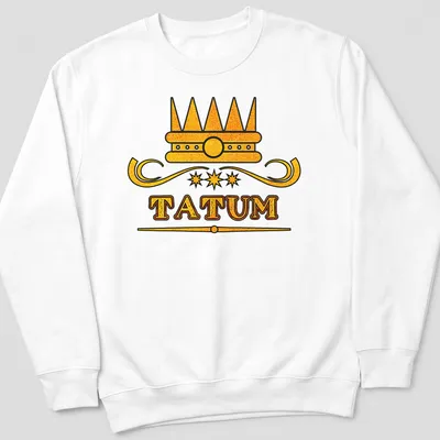 Bold typography with the name Tatum and a crown above it in gold and black. — printed on a unisex sweatshirt