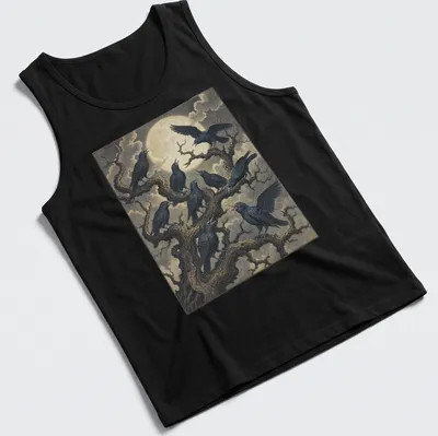 Gothic illustration of two crows conversing on spooky tree branches — printed on a tank top