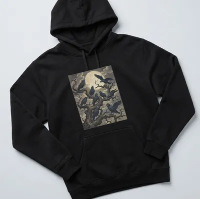 Gothic illustration of two crows conversing on spooky tree branches — printed on a unisex hoodie