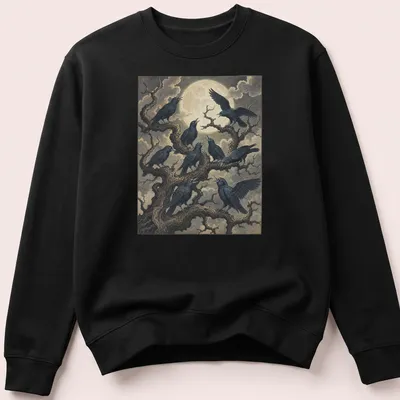 Gothic illustration of two crows conversing on spooky tree branches — printed on a unisex sweatshirt
