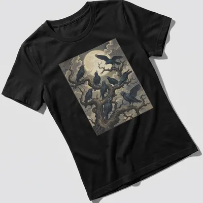 Gothic illustration of two crows conversing on spooky tree branches — printed on a women's shirt