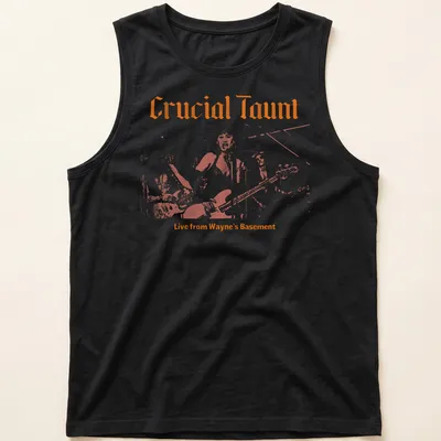Retro T-shirt featuring the text 'Crucial Taunt Live from Wayne's Basement' in orange and white. — printed on a tank top