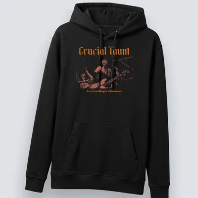 Retro T-shirt featuring the text 'Crucial Taunt Live from Wayne's Basement' in orange and white. — printed on a unisex hoodie