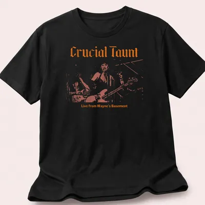Retro T-shirt featuring the text 'Crucial Taunt Live from Wayne's Basement' in orange and white.