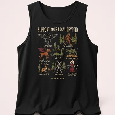 Vintage illustration t-shirt featuring cryptid monsters in various colors and bold text — printed on a tank top