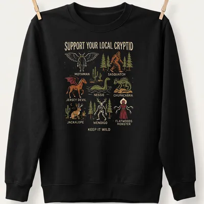 Vintage illustration t-shirt featuring cryptid monsters in various colors and bold text — printed on a unisex sweatshirt
