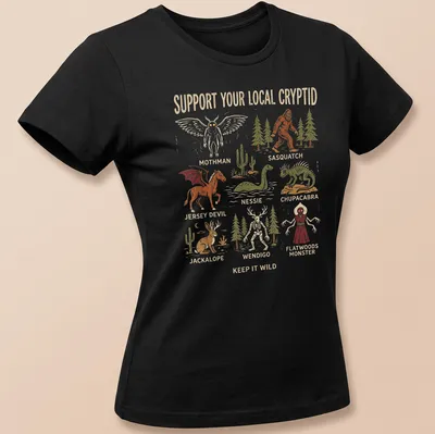 Vintage illustration t-shirt featuring cryptid monsters in various colors and bold text — printed on a women's shirt