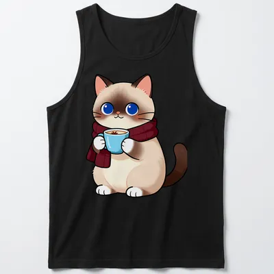 Kawaii illustration of a cute Birman cat holding a vanilla chai latte — printed on a tank top
