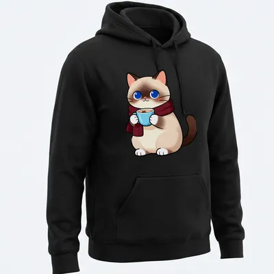 Kawaii illustration of a cute Birman cat holding a vanilla chai latte — printed on a unisex hoodie