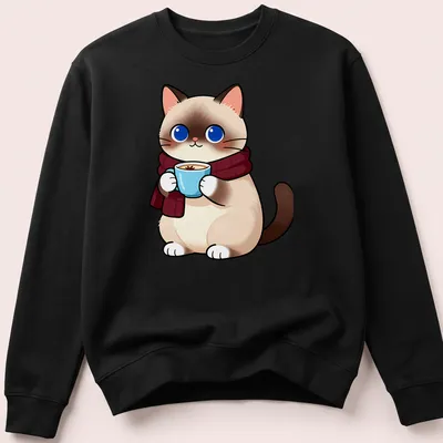 Kawaii illustration of a cute Birman cat holding a vanilla chai latte — printed on a unisex sweatshirt