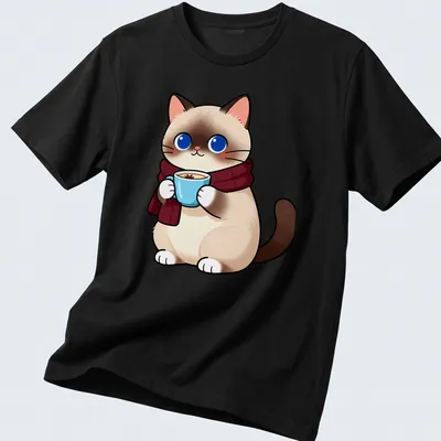 Kawaii illustration of a cute Birman cat holding a vanilla chai latte