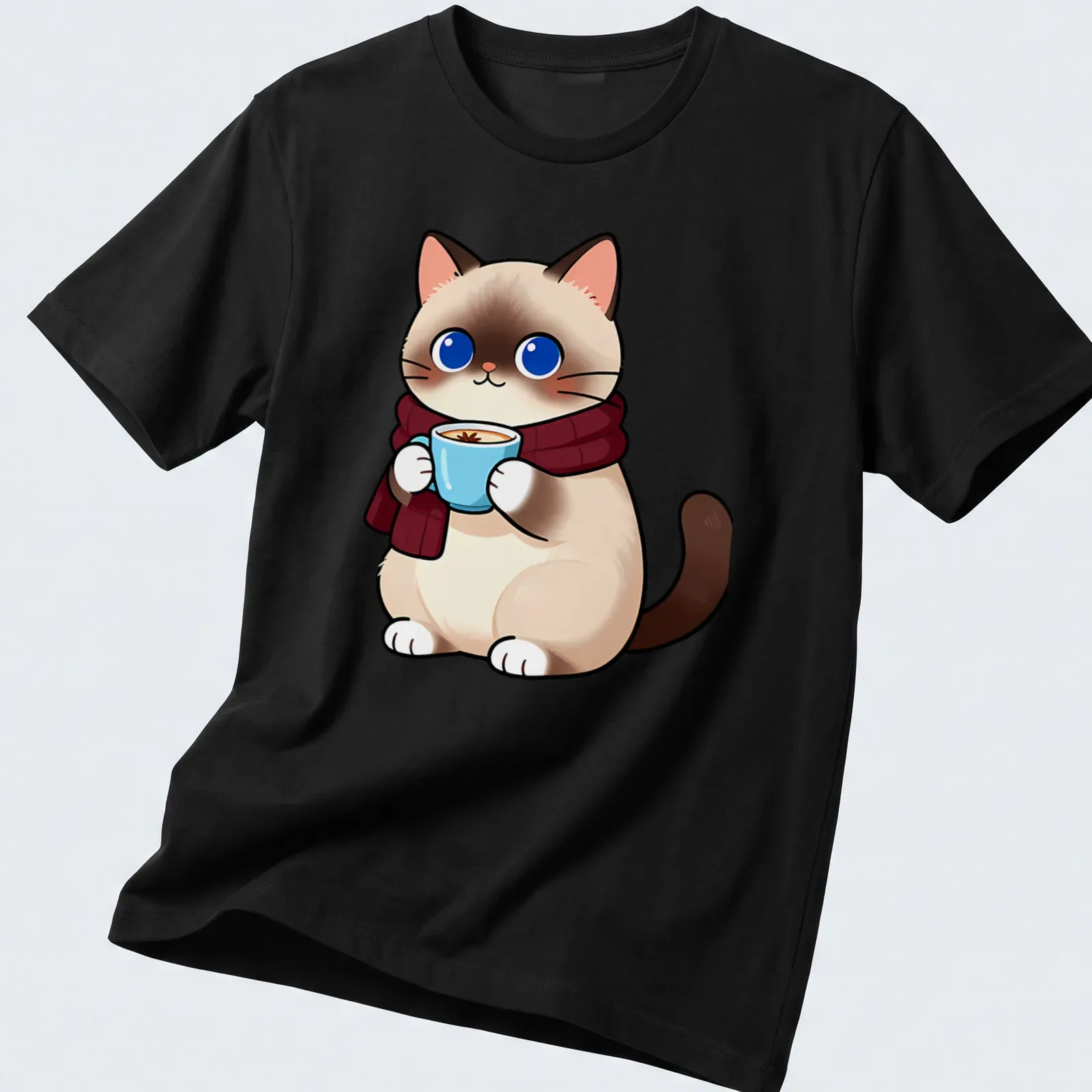 Kawaii illustration of a cute Birman cat holding a vanilla chai latte — printed on a unisex t-shirt